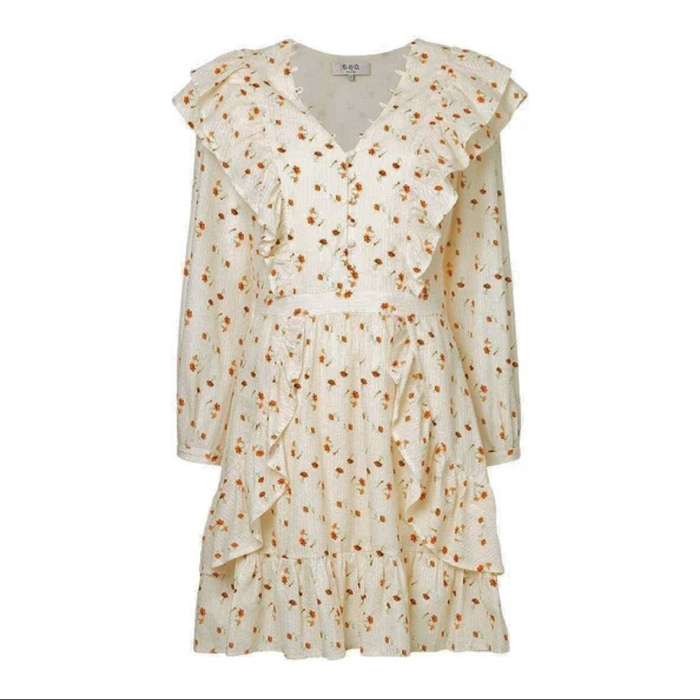 Sea New York Ruffle Cream Orange Floral Dress with Jacquard Detailing